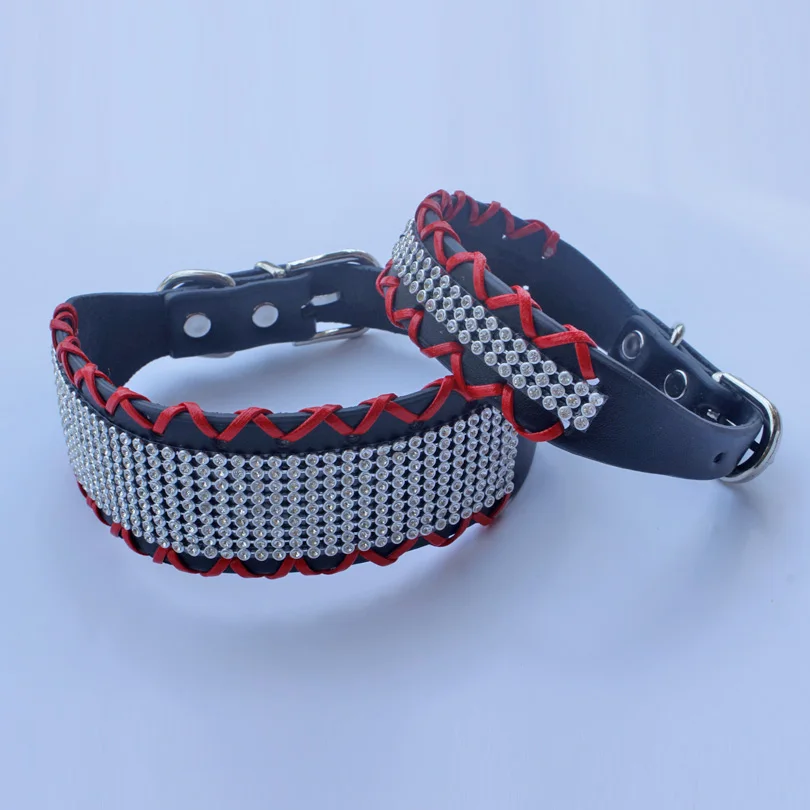 Dog Collars Genuine Leather Hand woven Water Drill Pet Accessories