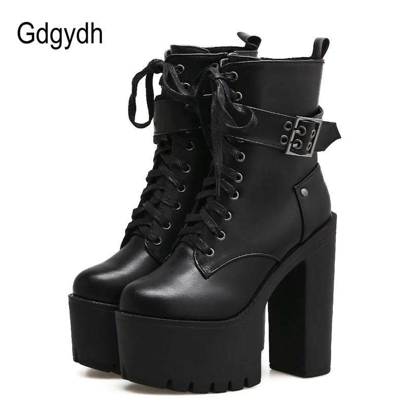 

Gdgydh 2018 Ankle Boots For Women Platform Shoes Round Toe Autumn Boots Thick High Heels Lacing Buckle Black Punk Boots Women