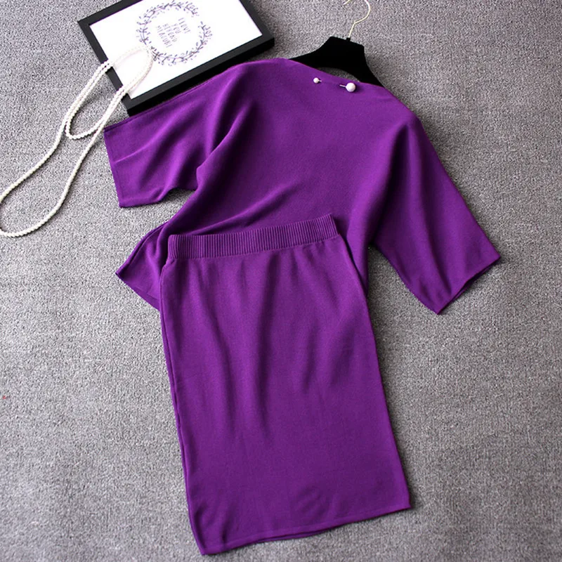 

Spring Autumn Female Knitwear with Midi Skirts Sets Two Pieces Women Knitted Suits Skirt and Tops Set
