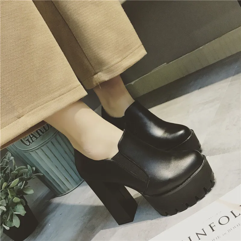 

Phyanic Black Leather ankle boots for women 2018 Autumn Lady Shoes Ultra Boost Square High Heels Platform Gothic Boots 11cm