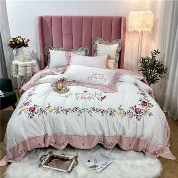 

New Pink White Red Blue Luxury Pastoral Flowers Embroidery Egyptian Cotton Bedding Set Duvet Cover Bed sheet/Linen Pillowcases