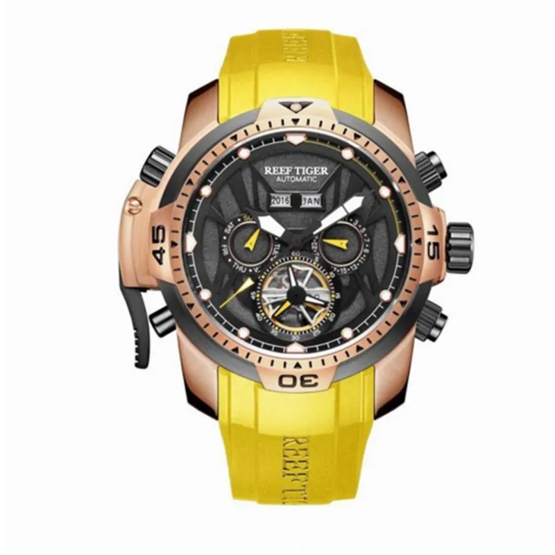 2017 Brand Reef Tiger Automatic Mechanical Men Watches 50 m Waterproof Bright Tourbillon rubber Calendar Watch relogio masculino