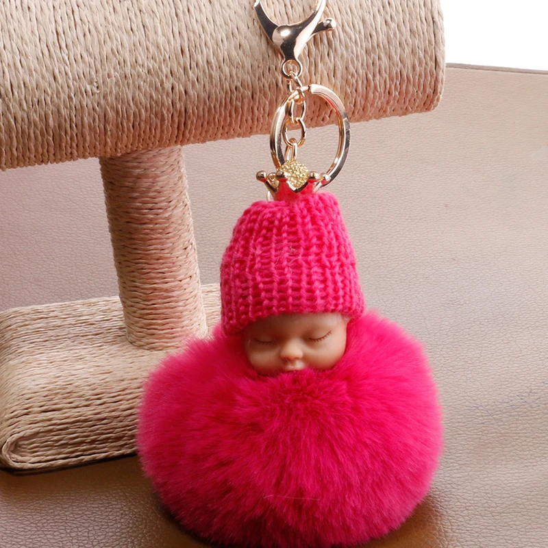 Sleeping Baby Doll Keychain Faux Fur Ball Car Keyring Crown Toy Key Holder Bag Pendant Charm Good Detail Accessories 6C0835 | Украшения и