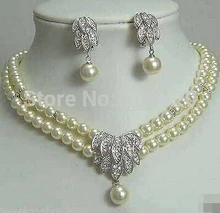 O envio gratuito de New nupcial jóias de prata banhado a 7 - 8 mm pérola conjuntos de brinco colar(China)