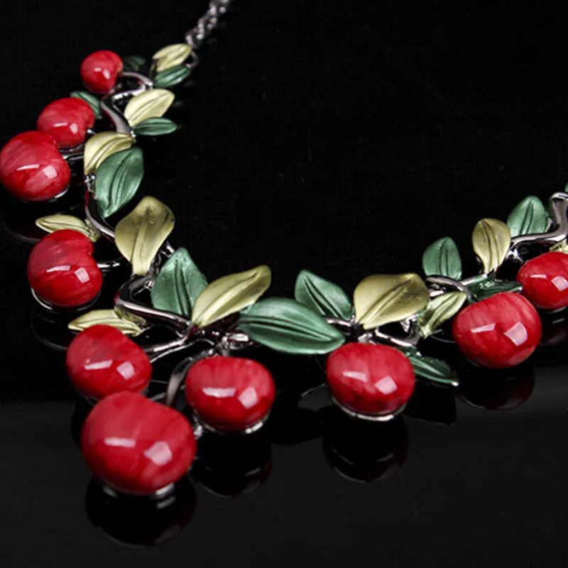 Oil Alloy Cherry Jewelry Sets For Woman Vintage Chain Necklace Pendant Earrings Statement Bridal Wedding Party Gifts