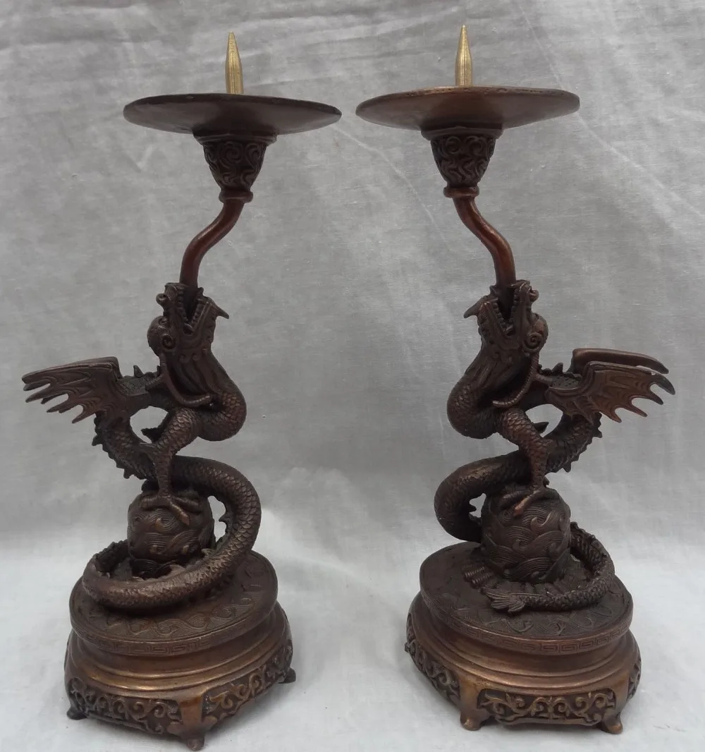 

008952 10" Chinese Pure Bronze Dragon On Ball Statue Buddhist Candle Stick Holder Pair