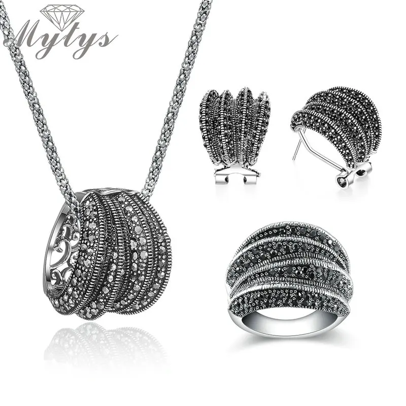 Mytys два стиля черный марказит камень Винтажные Ювелирные наборы для женщин высокое качество сверкающие антикварные ретро массивные ювелирные изделия - Окраска металла: Ring Shape Pendant