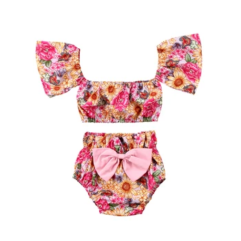 

New Fashion Toddler Baby Girls Clothes Off shoulder Crop Tops T shirt+Shorts Outfits Set Sunsuit