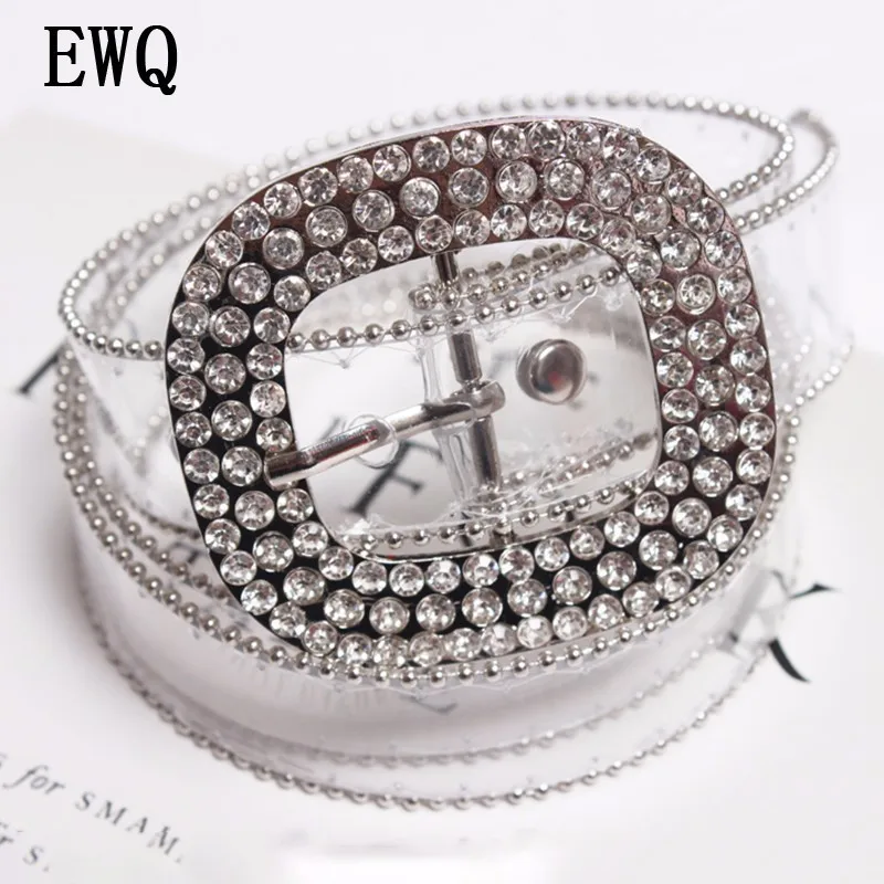 

[EWQ] New Spring Summer Fashion 2019 Simple wild transparent PVC square rivet metal buckle decorative belt women QD007