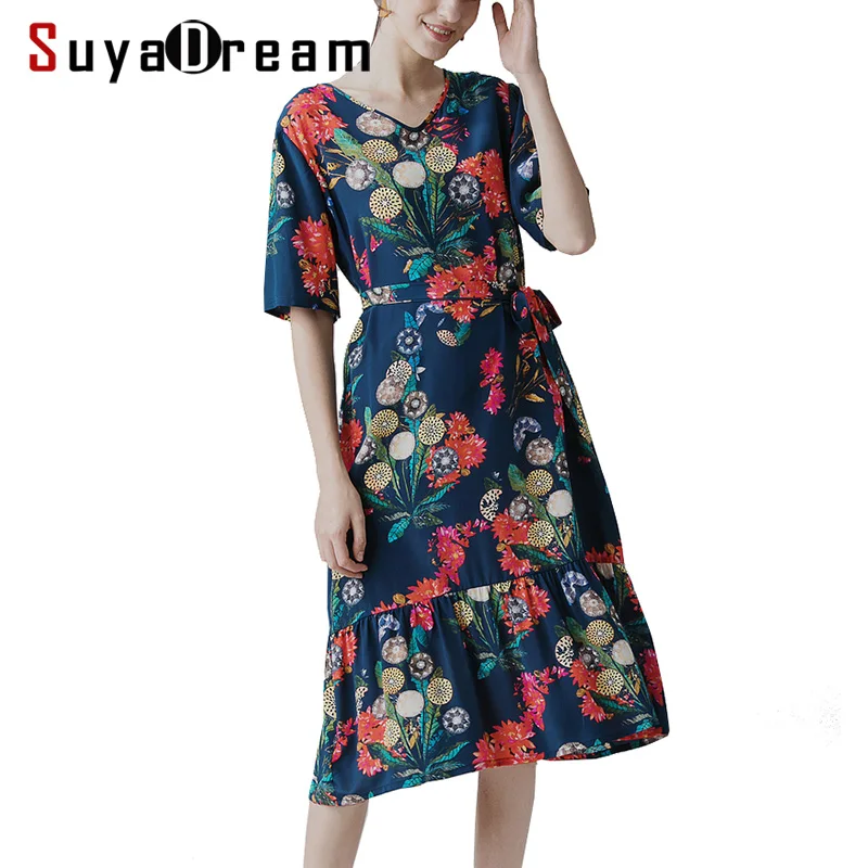

Women Silk Dress 100%Real Silk Crepe Floral Printed Belted Dresses for Women Short Sleeved Mid-Calf Length Dress 2019 Summer New