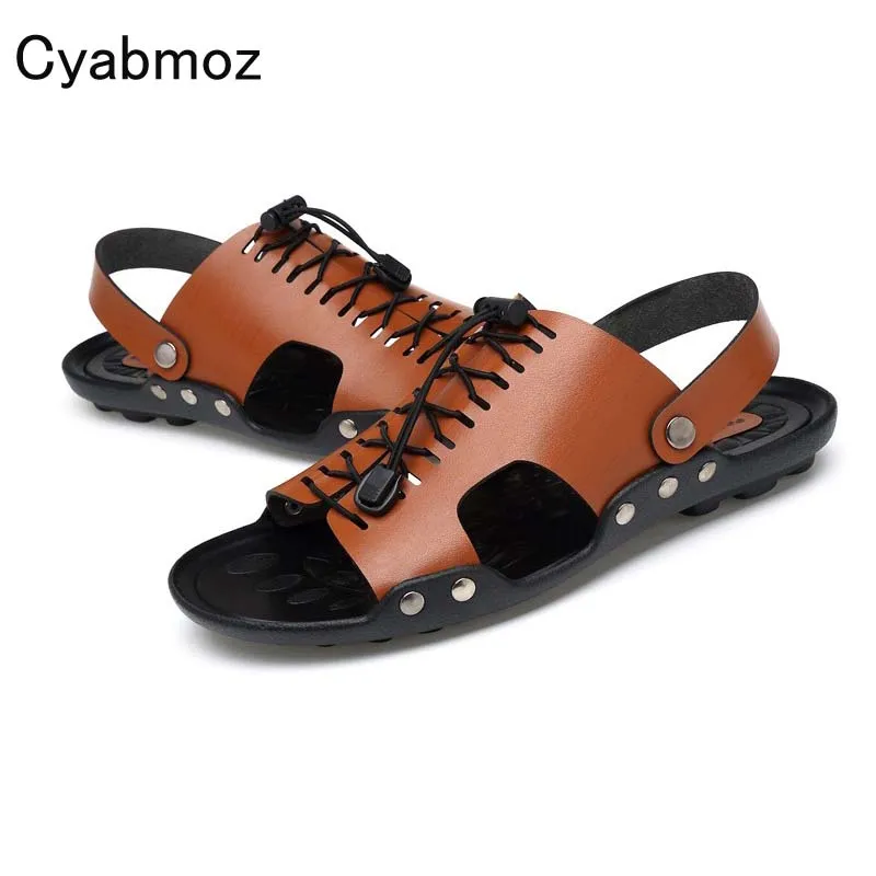 Cyabmoz Brand Mens Summer Sandals Handmade Leather Beach Slippers ...