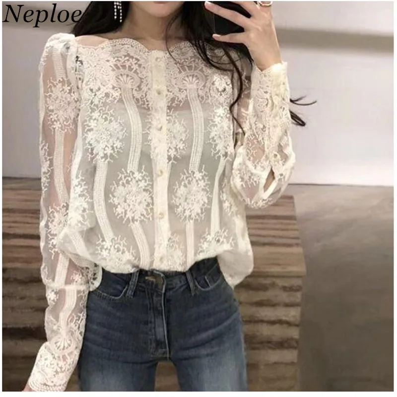 

Neploe 2019 Autumn Lace Mesh Blusas Slash Neck Solid Hollow Out Women Blouse Single Breasted Button Fashion Lady Shirts 68396