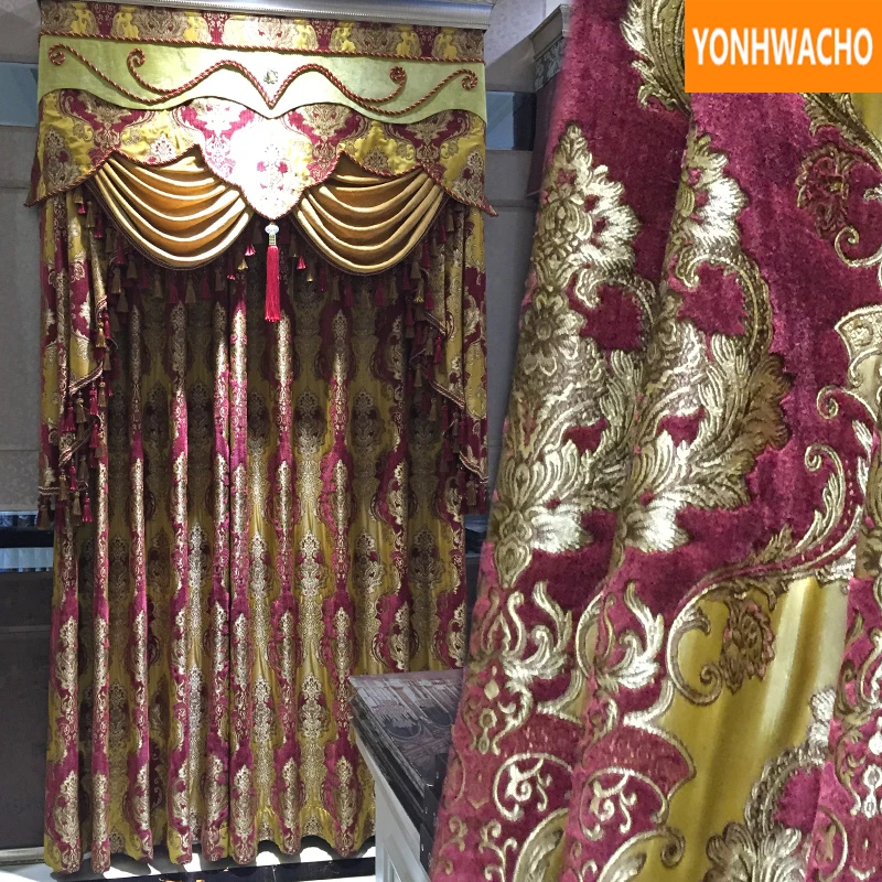 

Custom curtains Luxury European bedroom thicken chenille jacquard retro red gold cloth blackout curtain tulle valance drape B091