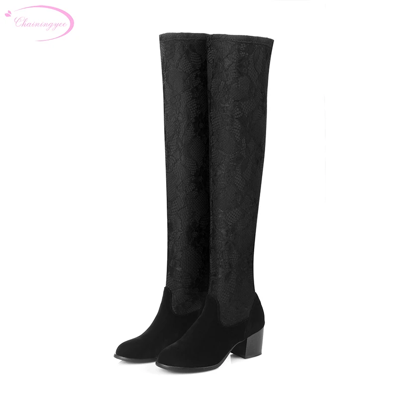 

Chainingyee style autumn luxurious over knee high boots elastic round toe side zipper flat warm riding women boots ladies shoes