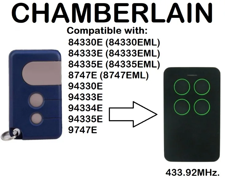 

CHAMBERLAIN 84330E, 84333E, 84335E, 94330E Compatible Remote Control 433.92MHz.