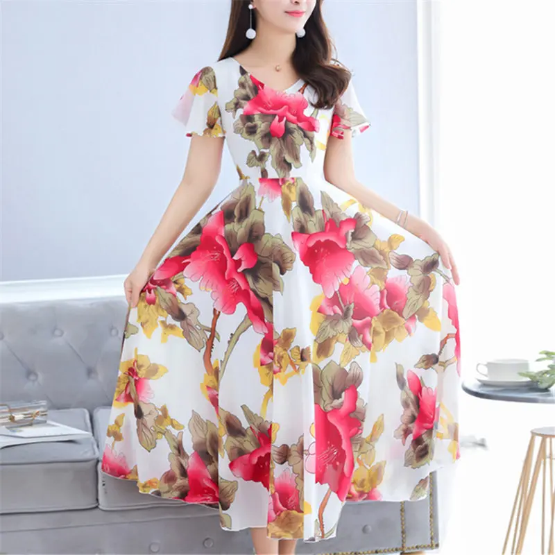 

High Quality Red Chiffon Boho Beach Dress Women 2019 Summer Floral Print V-Neck Big Swing Party Dresses Vestidos Female