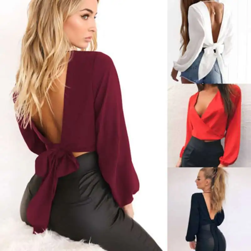 

Fashion Summer Women Casual Backless Tank Top Vest Blouse V Neck Long Sleeve Chiffon Crop Top Shirt
