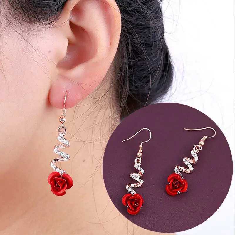 

Classic Red Rose Flower Earrings for Women Exquisite Rhinestone Crystal Drop Earrings Statement Wedding Jewelry Wholesale