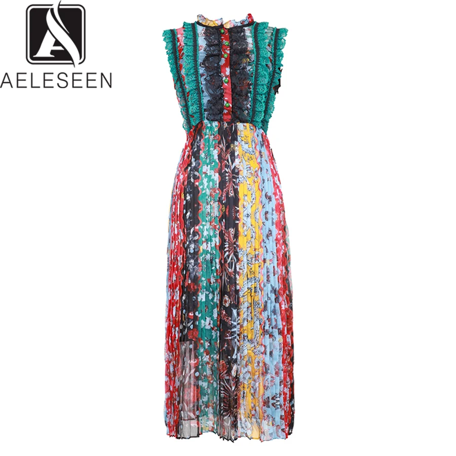 

AELESEEN Fashion Elegant Dress Bohemian 2019 Summer New Women's Sleeve Flower Print Ruffles Mid-Calf Elegant Slim Lace Dress