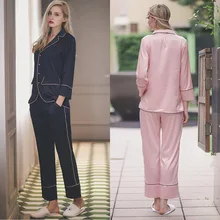Женские пижамные комплекты из вискозы на весну, лето, весну, с отворотом, с длинным рукавом, штаны, одежда для отдыха, сексуальная ночная рубашка+ штаны, синий, розовый, WYc70080