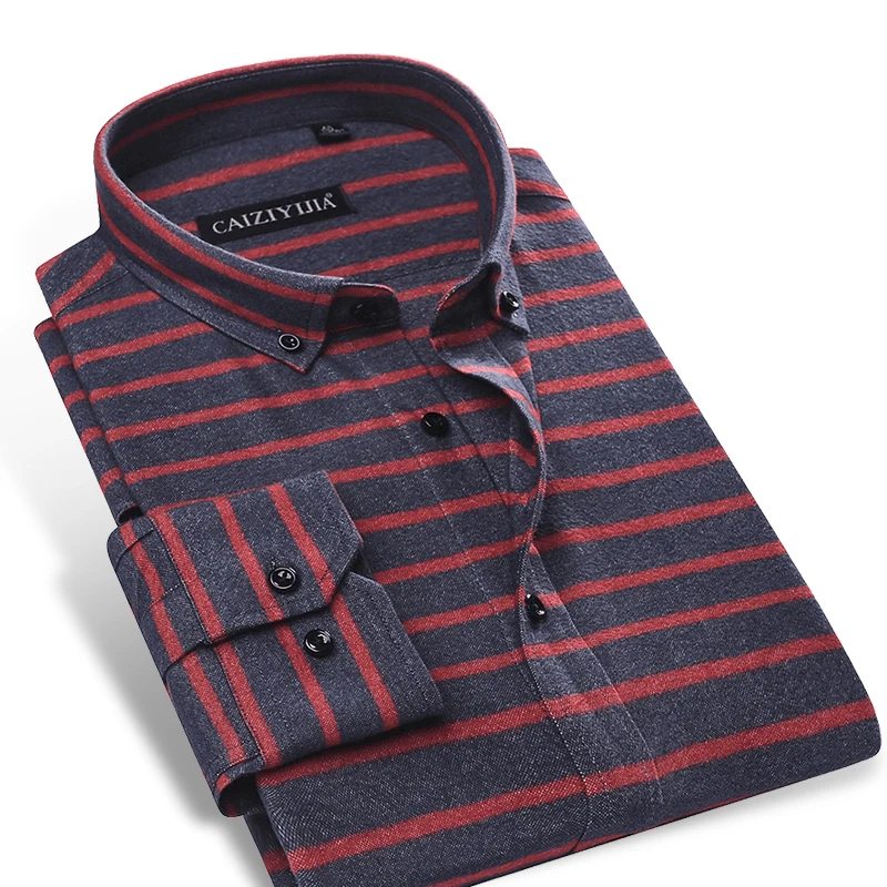 Men's Cotton Horizontal Stripe Dress Shirt No pocket Long Sleeve Slim