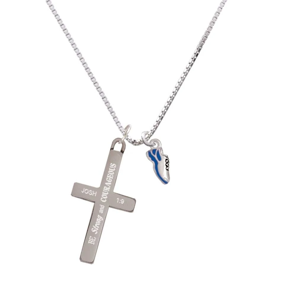 Mini Royal Blue Running Shoe - Strong and Courageous - Cross Necklace