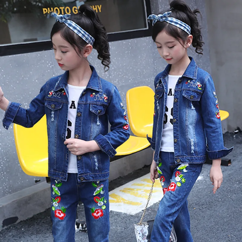 

12 Years Big Kids Clothes Girls Broken Hole Denim Coat Jeans Round Neck Pullover Meisjes Kleding Girls Clothing Set Autumn 3 Pcs