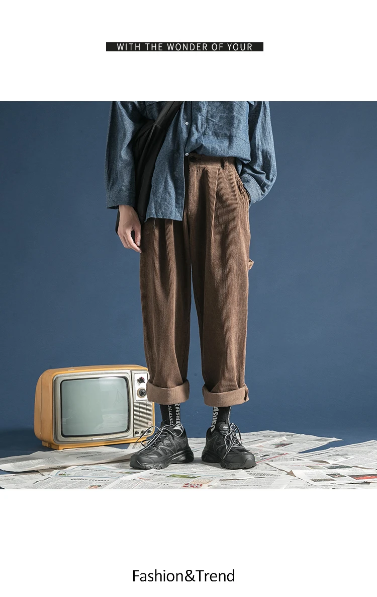Весенние мужские плотные вельветовые широкие брюки, Осенние теплые свободные хлопковые брюки со складками, мужские уличные мешковатые брюки-карго DXR03