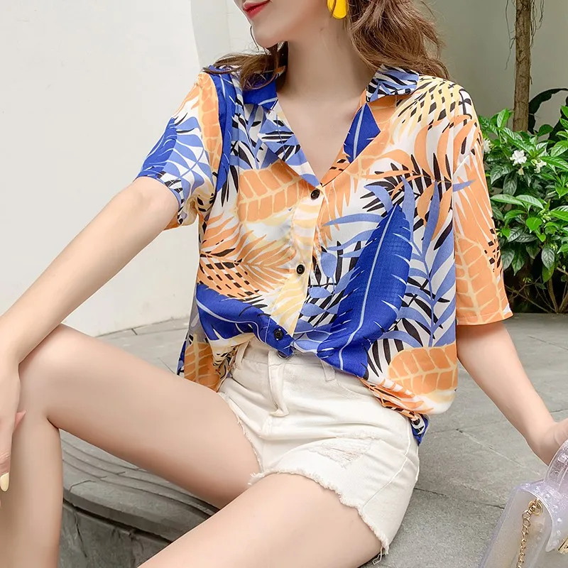 

Women Vintage Harajuku Blouse Leaves Printed Korean Short Sleeve Casual blusas Hawaiian Beach Female V Neck Shirts Clothing