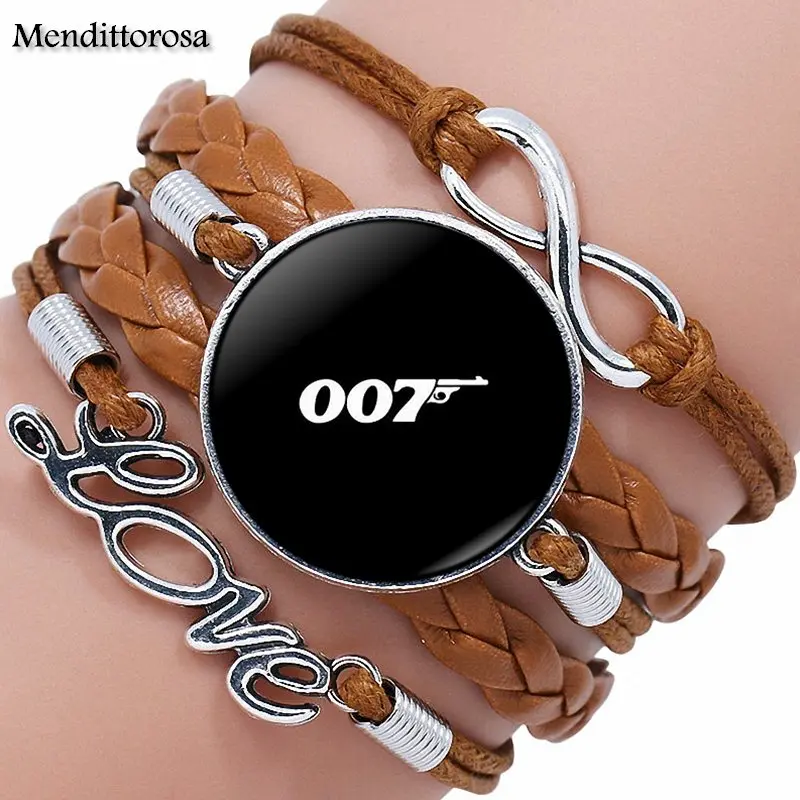 Для мужчин женщин James Bond 007 Многослойные черный/коричневый кожаный браслет со вставками стекла кабошон Винтаж статусные модные ювелирные изделия