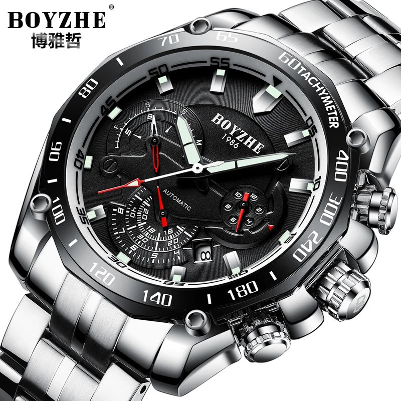 

Watches Men From BOYZHE Brand Mechanical Watches Week/Date Multifunction Stainless steel Waterproof Wrist Watches With Gift Box