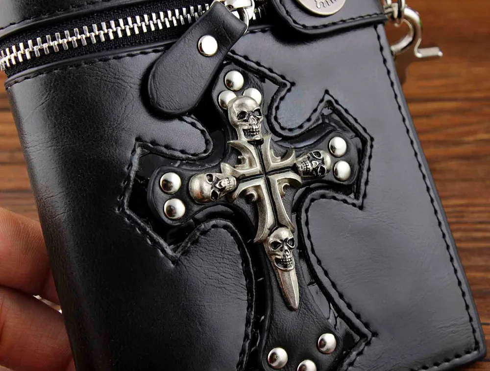 Cartera de cuero negro para cartera con cadena, estilo Rock, Punk, Skulls, Cross Money|wallet with|leather walletblack leather wallet - AliExpress