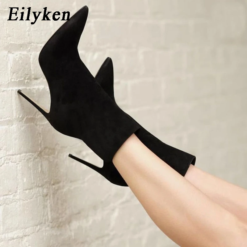 

Eilyken 2019 Flock Mid-Calf Women Boots Pointed Toe Fashion Stiletto High Heels Sexy Sewing Winter Black Boots Size 35-40