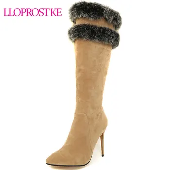 

Lloprost ke Winter Knee High Women Boots Pointed Toe Flock Fur Footwear Tassel High Heels Female Boot Shoes Women 2018 D566