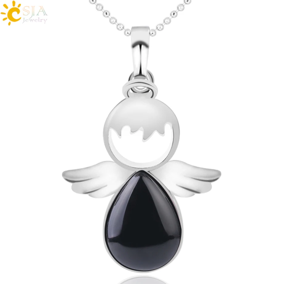 CSJA ангельские крылья ожерелье натуральный камень кварцевые кристаллические ангелы Форма Подвеска в виде капли воды бусы прекрасные ювелирные изделия для женщин девочек F754 - Окраска металла: Black Onyx