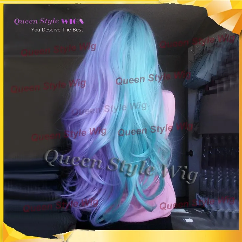 New Stylish Black Roots Ombre Purple Green Colorful Hair Wig Female Drag Queen Colorful Synthetic Glueless Lace Front Wig