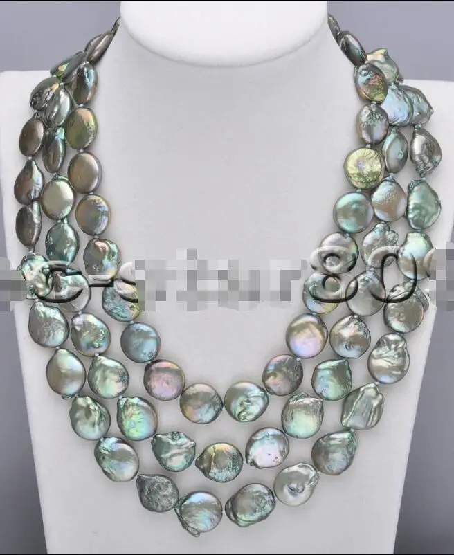

FREE SHIPPING HOT sell new Style >>>>3row 18" 15mm Green Coin Freshwater Cultured Pearl Necklace