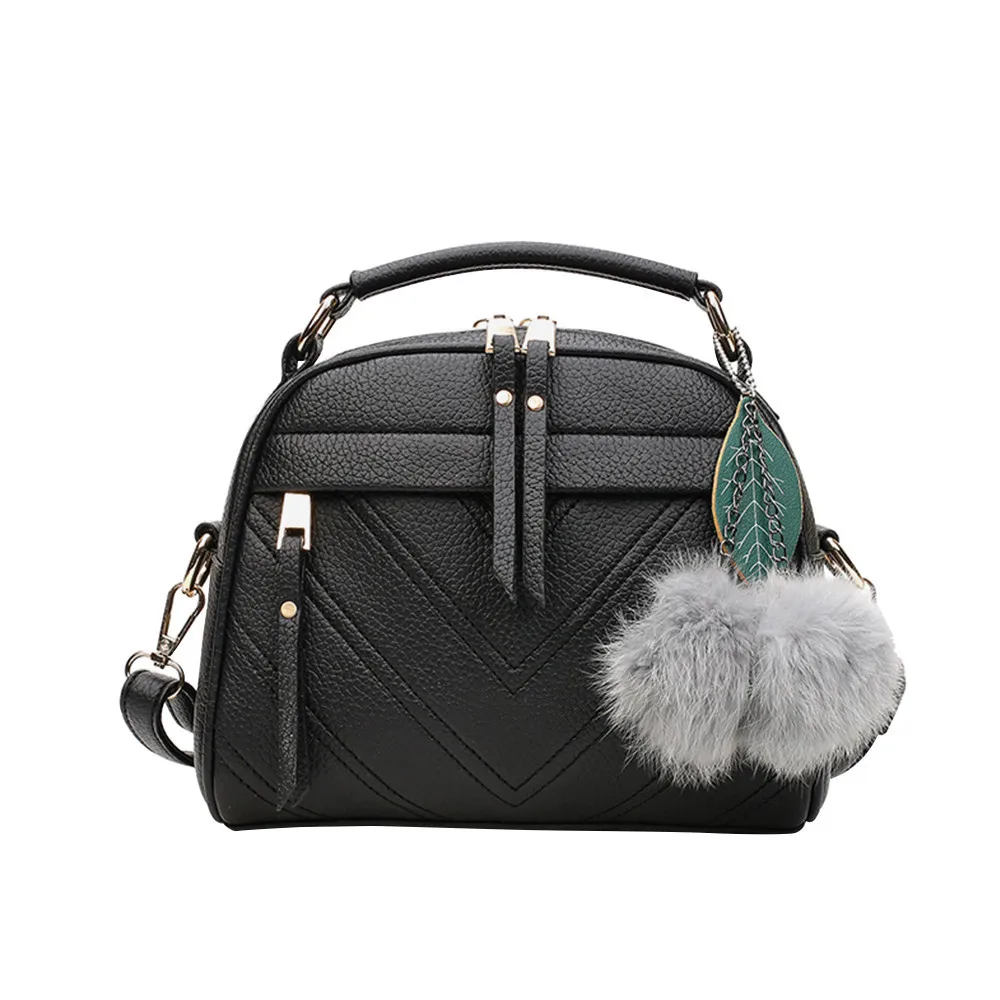 

2019 Women's New Fashion Hair Ball Pendant Woven Solid Color Ladies Handbag Trend All-match PU Messenger Bag Shoulder Wallet
