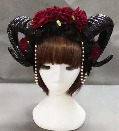 

Manual Aries Roses Flowers Lace Chain Sheep Horn Ear Hair Hoop Forest Animal Photography Exhibition Cosplay Headband Accessories