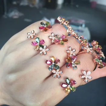 

[MeiBaPJ Natural Tourmaline Gemstone Fashion Colorful Stone Flower Ring for Women Real 925 Sterling Silver Charm Fine Jewelry