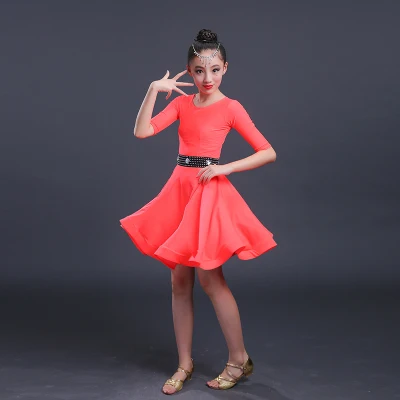 Детское платье-костюм для латиноамериканских танцев, детская одежда для соревнований, бальных танцев, спандекс, для девочек, сальса, Румба, ча, ча, Самба, юбки с оборками для танго - Цвет: Оранжевый