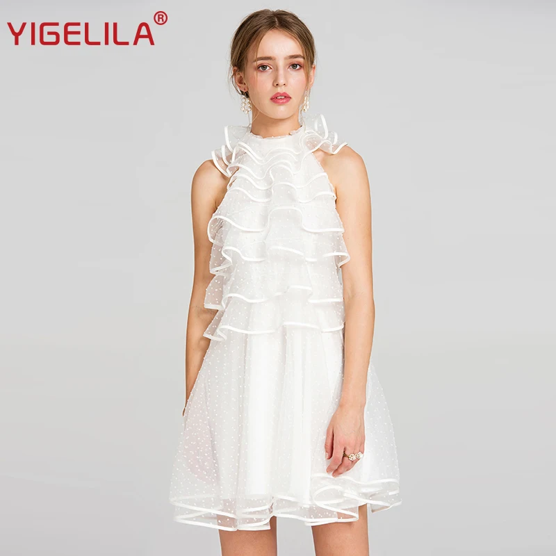 

YIGELILA 2019 Latest Summer Women Fashion Sexy Halter Off Shoulder Ruffles A-line Slim White Mesh Mini Dress 62908