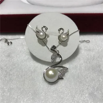 

Natural freshwater pearl AAA 10-11 mm Tibetan silver zircon inlay goose pendant necklace earrings set