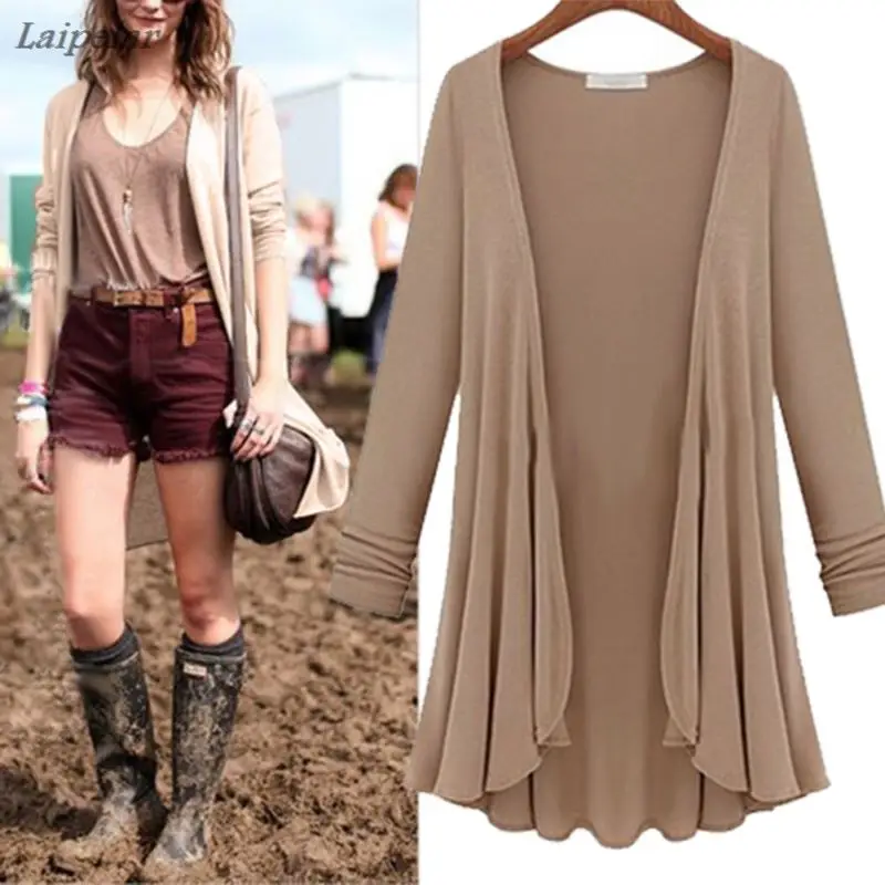 

Women Fashion Cotton Top Thin Blouse Long Sleeve Summer Cardigan Sweater Coat Big Size Flounce Laipelar