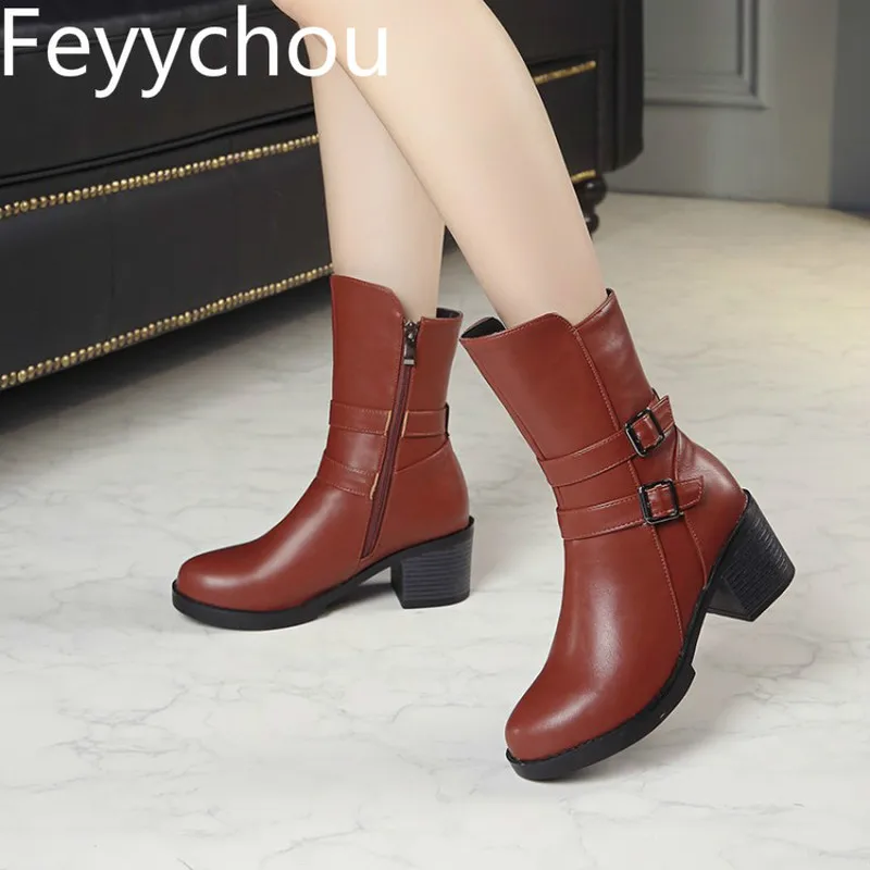 

Women Boots Autumn Winter Warm Shoes Zip Platform Round Toe Thick Heel Mid-calf Plush 2018 New Sexy Fashion Motorcycle Black