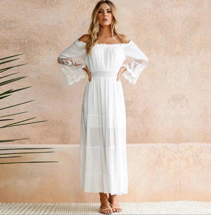 White Off The Shoulder Lace Beach Boho Sundress in Bohemian White Beach Dress