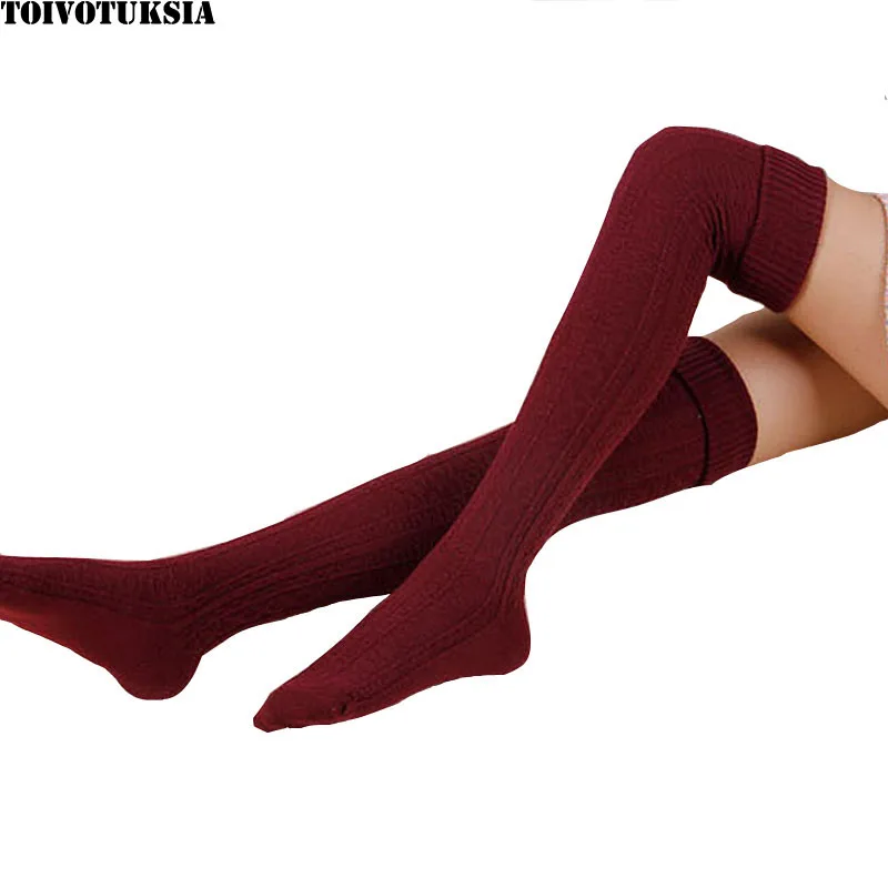 TOIVOTUKSIA-medias largas de algodón para mujer, medias por encima de la rodilla, cálidas y sexys, hasta el muslo, de punto, de invierno