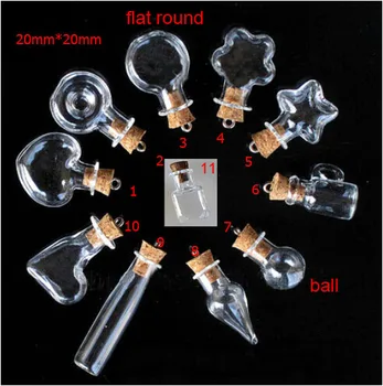 

50pcs/lot 20mm mixed shape wishing cork stopper miniature glass bottle clear empty sample jars free silver/bronze/gold eyehook