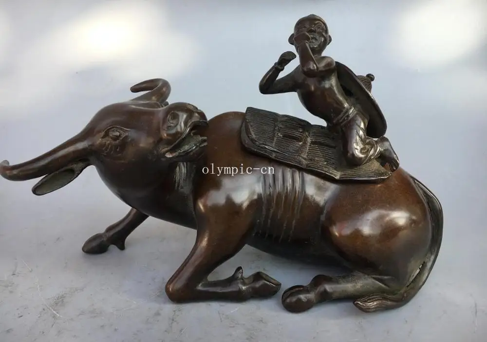 

11'' Fine bronze copper carved a boy on bull ox back incense burner censer