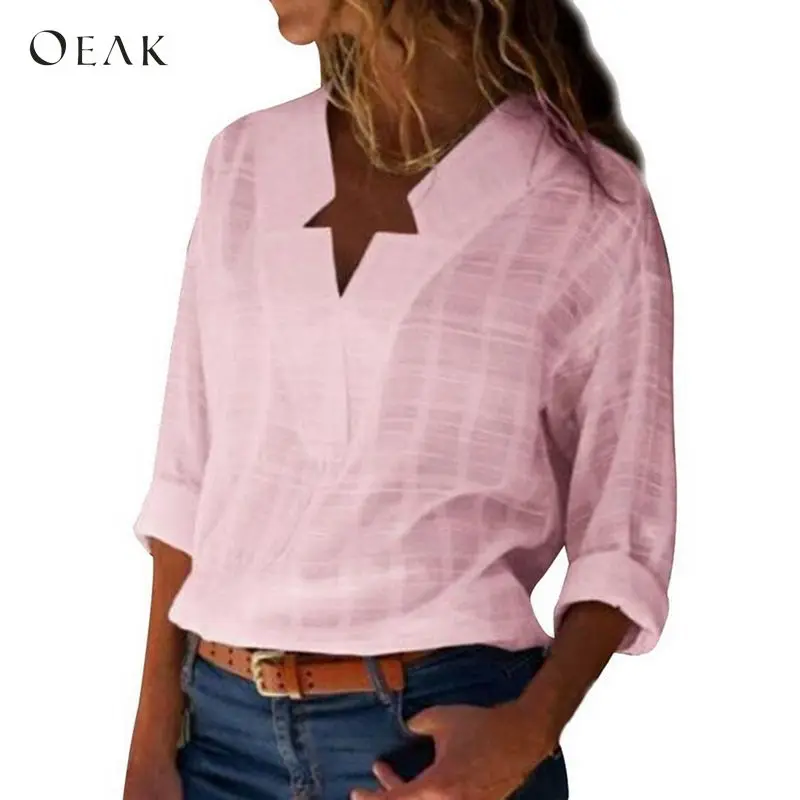 

OEAK 2018 Fashion Women Star V-Neck Blouses Long Sleeve Sexy Shirt Female Cotton Linen Blusas Feminine Casual Tee Tops Plus Size